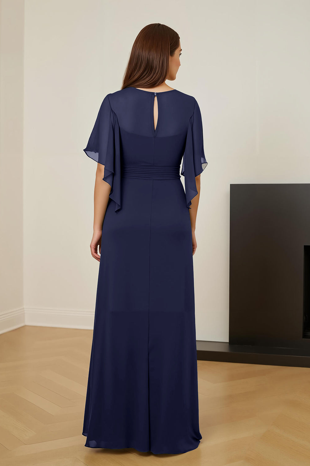 Robe de mère de la mariée froncée vert foncé avec manches flottantes