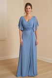 Dusty Blue A Ligne Col V Mousseline de soie Robe de la mère de la mariée avec appliques