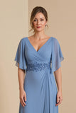 Dusty Blue A Ligne Col V Mousseline de soie Robe de la mère de la mariée avec appliques