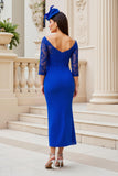 Fourreau Midi Bleu Royal Robe Mère de la Mariée à épaules dénudées avec dentelle