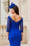 Fourreau Midi Bleu Royal Robe Mère de la Mariée à épaules dénudées avec dentelle