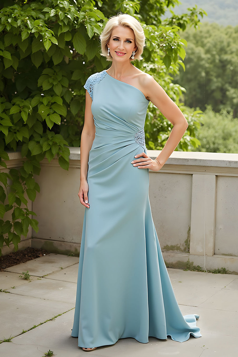 Robe Mère de la mariée Fourreau Bleu Clair Une Épaule Avec Appiques