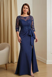 Fourreau Bleu Marine Satin Col Bateau Longue Mère de la Mariée Robe avec Ceinture