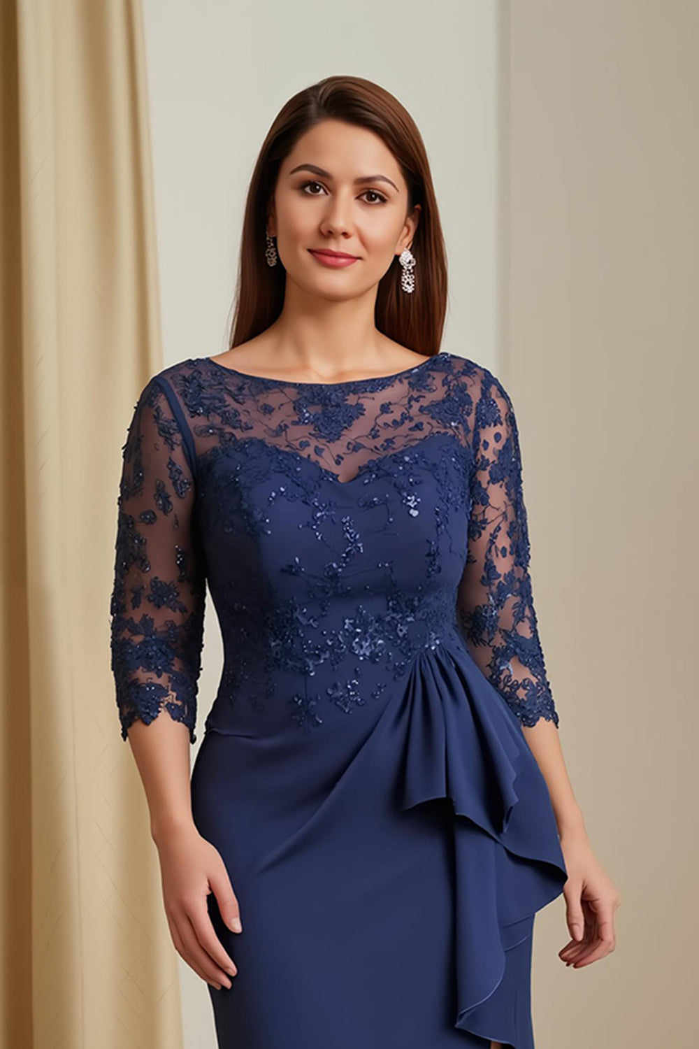 Fourreau Bleu Marine Satin Col Bateau Longue Mère de la Mariée Robe avec Ceinture