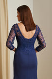 Fourreau Bleu Marine Satin Col Bateau Longue Mère de la Mariée Robe avec Ceinture