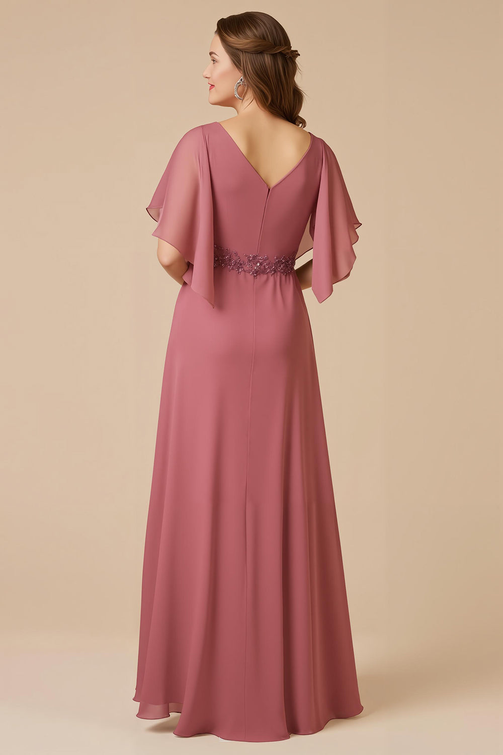 Desert Rose Chiffon Une Ligne Appliquée Mère de la Mariée Robe Avec Manches