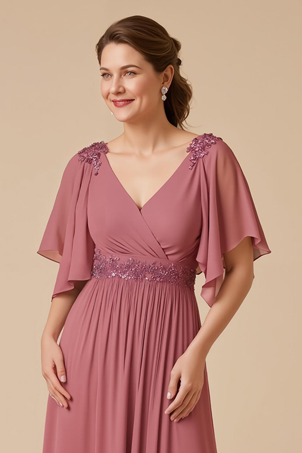 Desert Rose Chiffon Une Ligne Appliquée Mère de la Mariée Robe Avec Manches