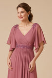 Desert Rose Chiffon Une Ligne Appliquée Mère de la Mariée Robe Avec Manches