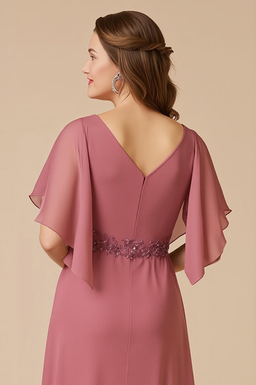 Desert Rose Chiffon Une Ligne Appliquée Mère de la Mariée Robe Avec Manches
