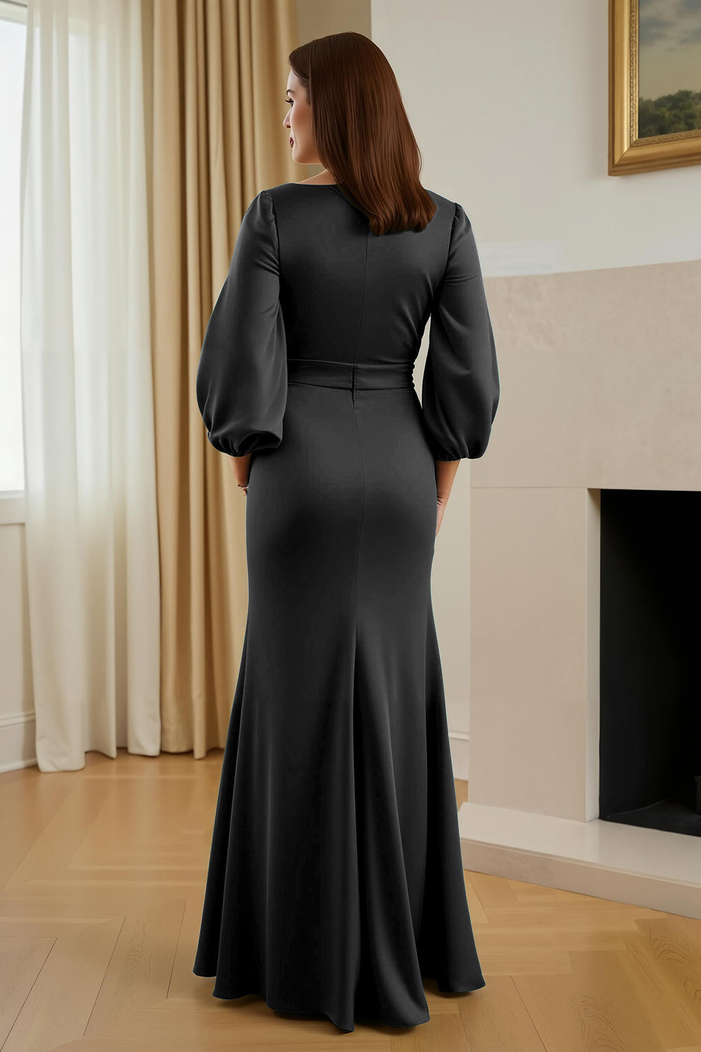 Robe longue mère de la mariée en satin de pin sirène col en V avec manches