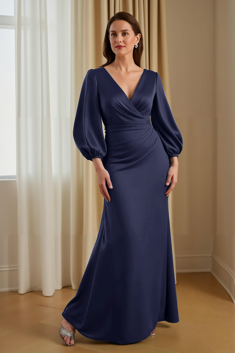 Robe longue mère de la mariée en satin de pin sirène col en V avec manches