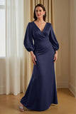 Robe longue mère de la mariée en satin de pin sirène col en V avec manches