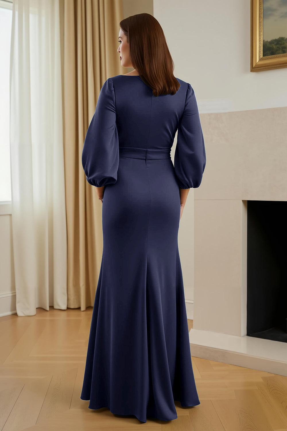 Robe longue mère de la mariée en satin de pin sirène col en V avec manches