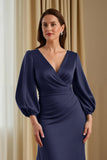 Robe longue mère de la mariée en satin de pin sirène col en V avec manches