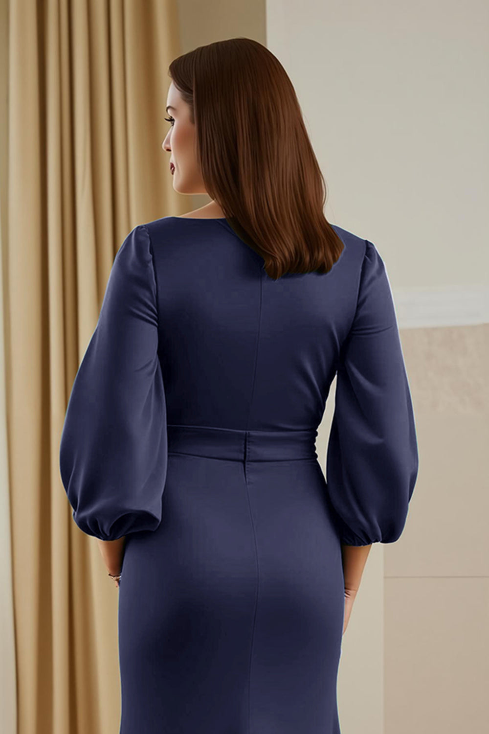 Robe longue mère de la mariée en satin de pin sirène col en V avec manches