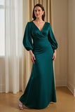 Robe longue mère de la mariée en satin de pin sirène col en V avec manches