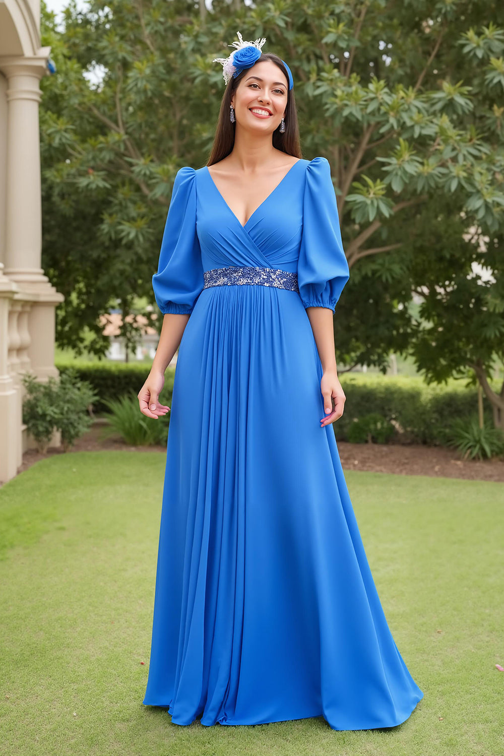 Bleu Une ligne en mousseline de soie Col V Longue Robe de la Mère de la Mariée avec Manches