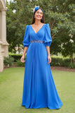 Bleu Une ligne en mousseline de soie Col V Longue Robe de la Mère de la Mariée avec Manches