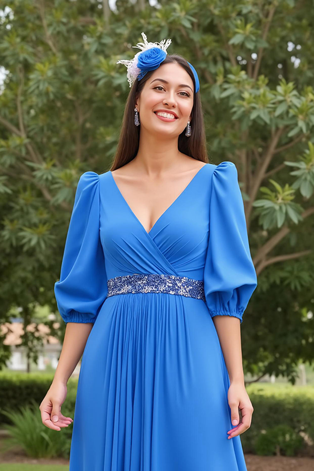 Bleu Une ligne en mousseline de soie Col V Longue Robe de la Mère de la Mariée avec Manches
