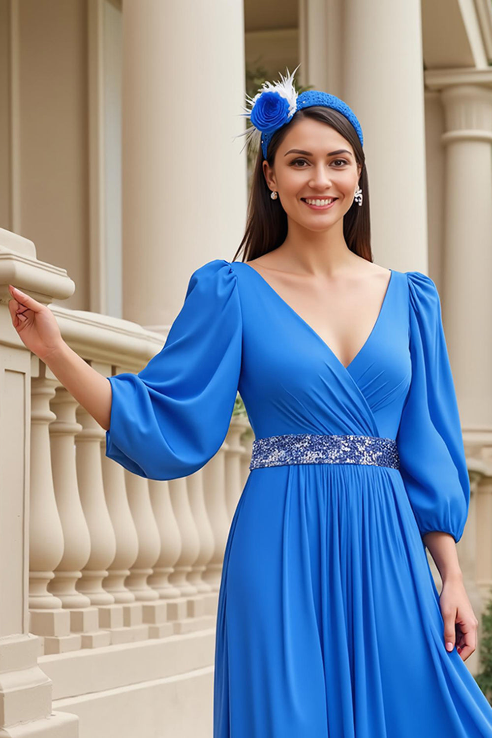 Bleu Une ligne en mousseline de soie Col V Longue Robe de la Mère de la Mariée avec Manches