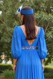 Bleu Une ligne en mousseline de soie Col V Longue Robe de la Mère de la Mariée avec Manches