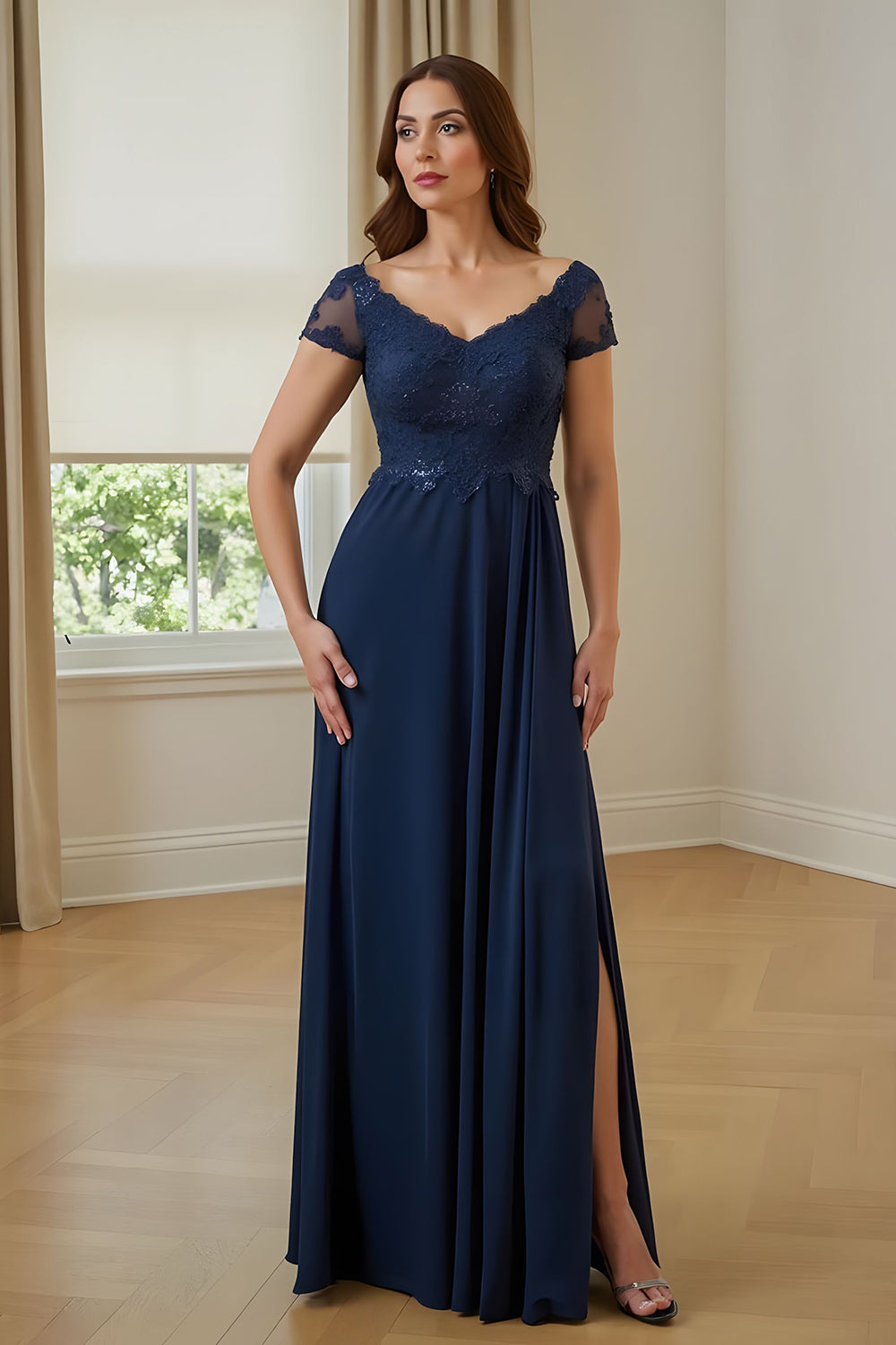 Bleu marine une ligne en mousseline de soie appliquée longue mère de la mariée robe avec fente