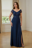 Bleu marine une ligne en mousseline de soie appliquée longue mère de la mariée robe avec fente