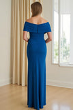 Mousseline de soie fourreau bleu dénudé de l’épaule longue mère de la mariée robe avec fente