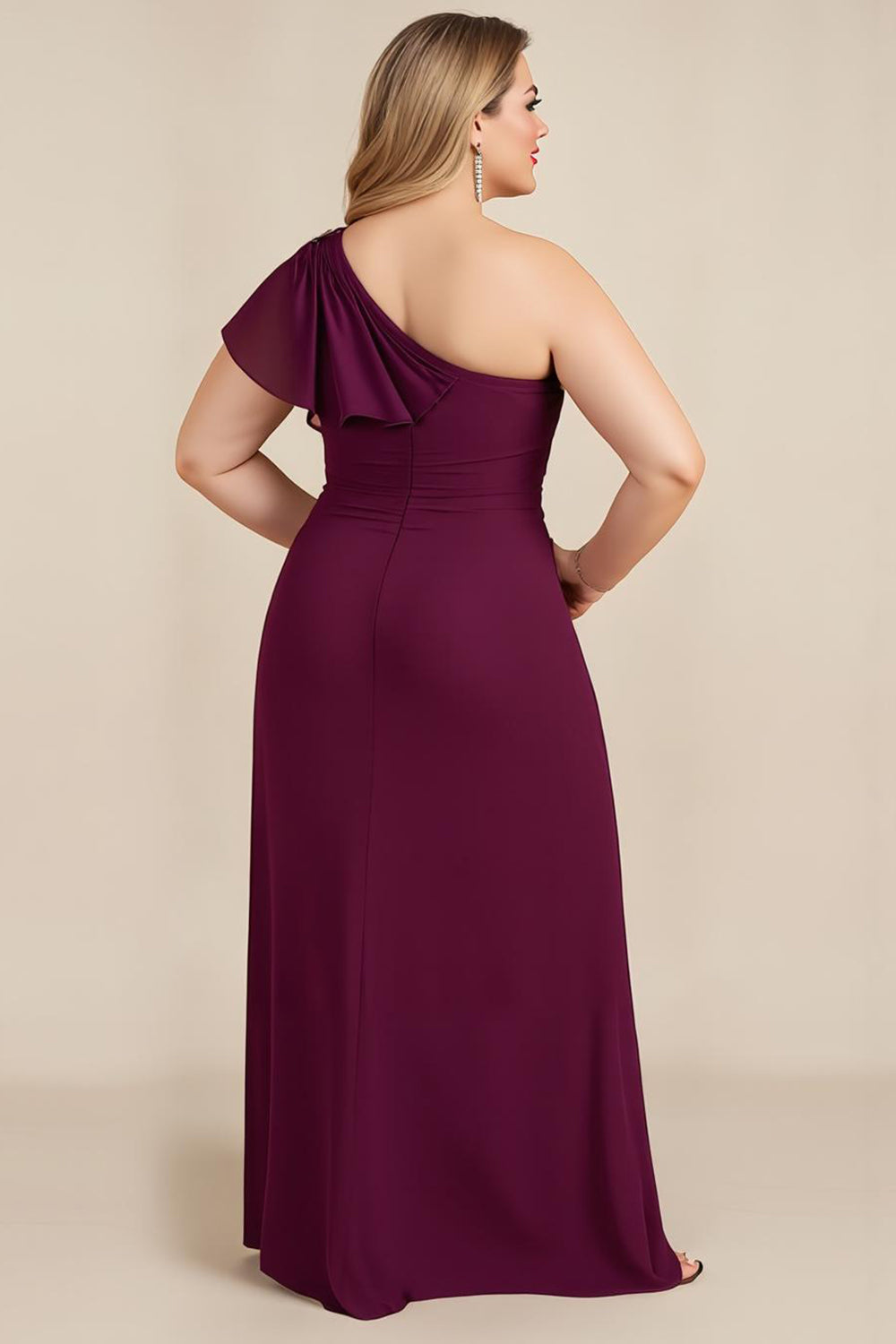 Fourreau bordeaux en mousseline de soie une épaule longue mère de la mariée robe avec perles