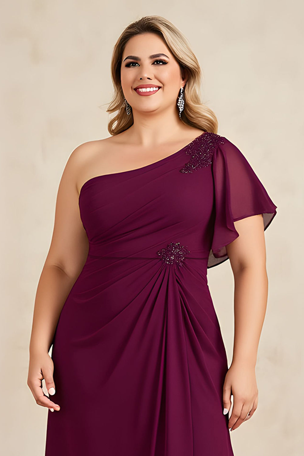Fourreau bordeaux en mousseline de soie une épaule longue mère de la mariée robe avec perles