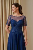 Mousseline de soie marine Une ligne appliquée illusion col bateau longue mère de la mariée robe avec manches