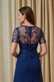 Mousseline de soie marine Une ligne appliquée illusion col bateau longue mère de la mariée robe avec manches
