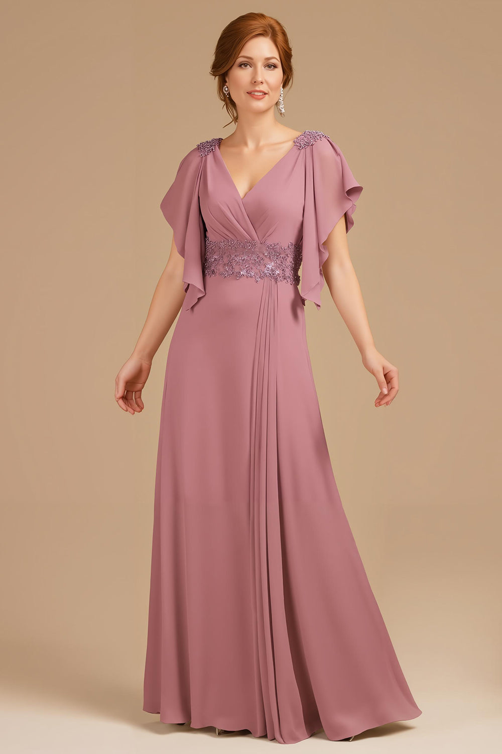 Robe trapèze à col en V et col en V froncé à manches longues pour la mère de la mariée