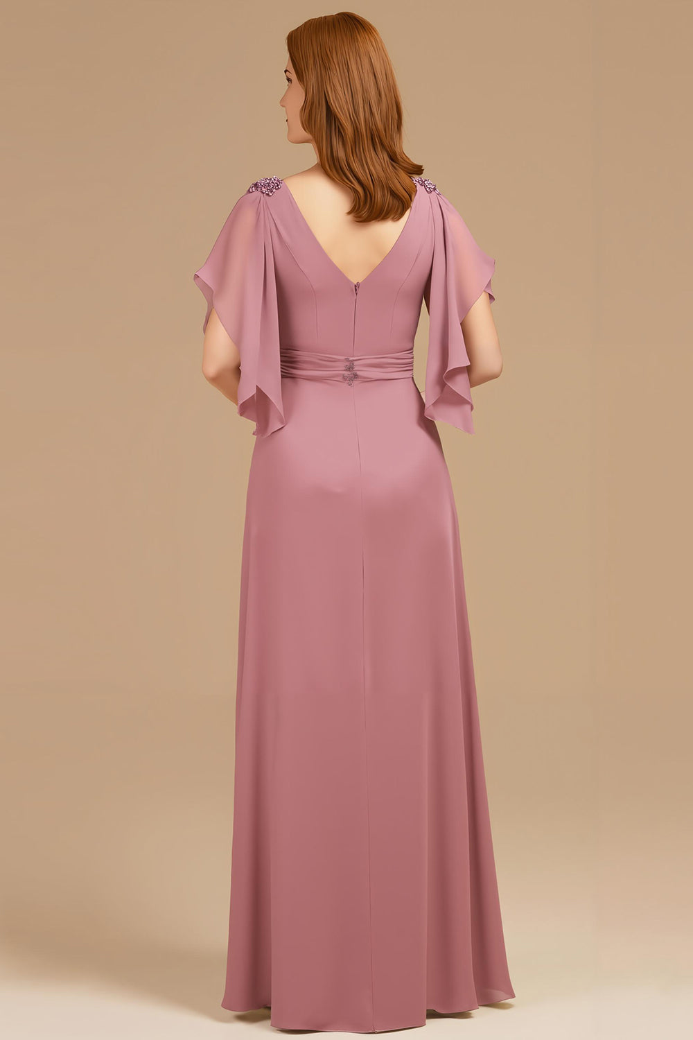 Robe trapèze à col en V et col en V froncé à manches longues pour la mère de la mariée