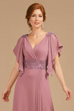 Robe trapèze à col en V et col en V froncé à manches longues pour la mère de la mariée