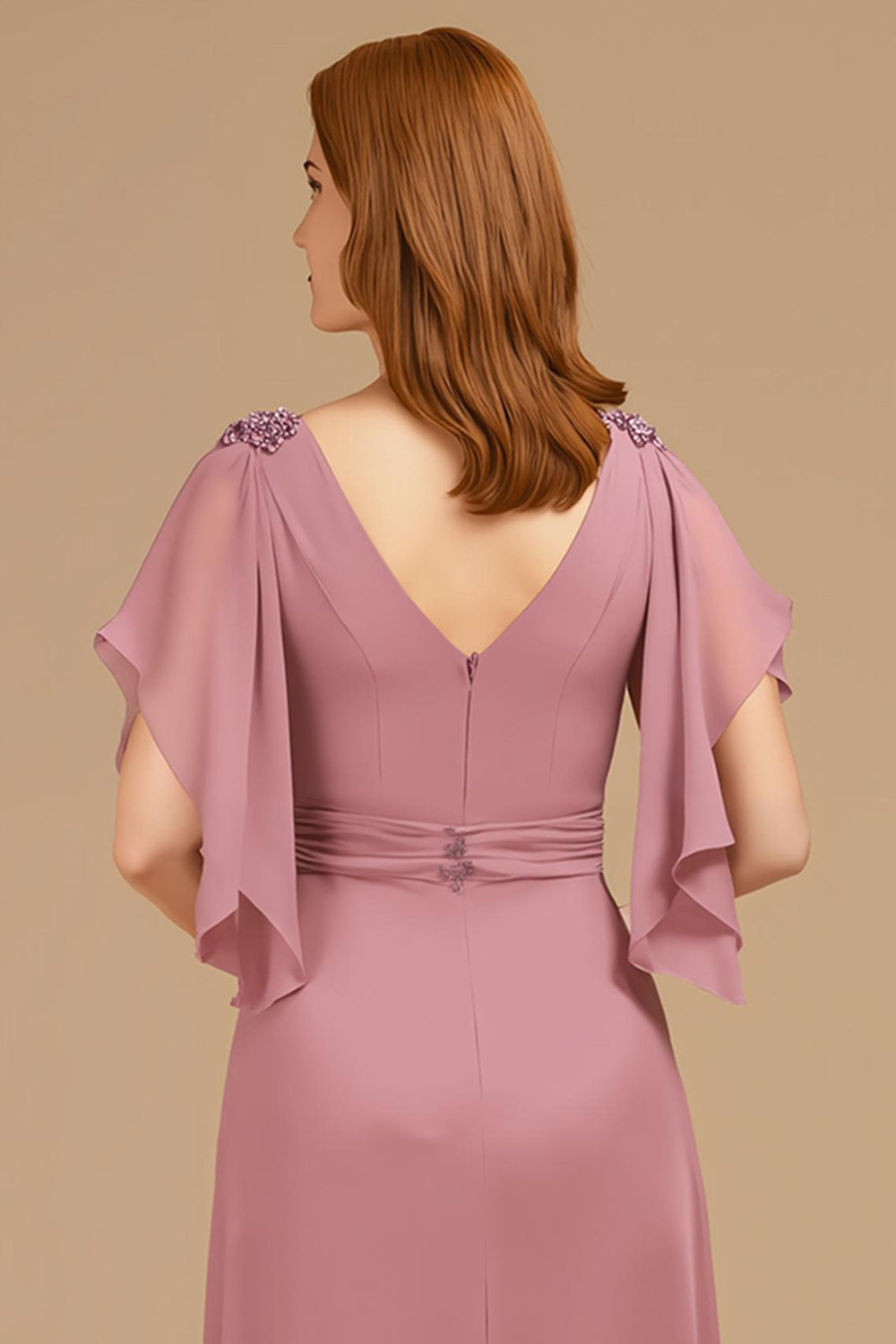 Robe trapèze à col en V et col en V froncé à manches longues pour la mère de la mariée