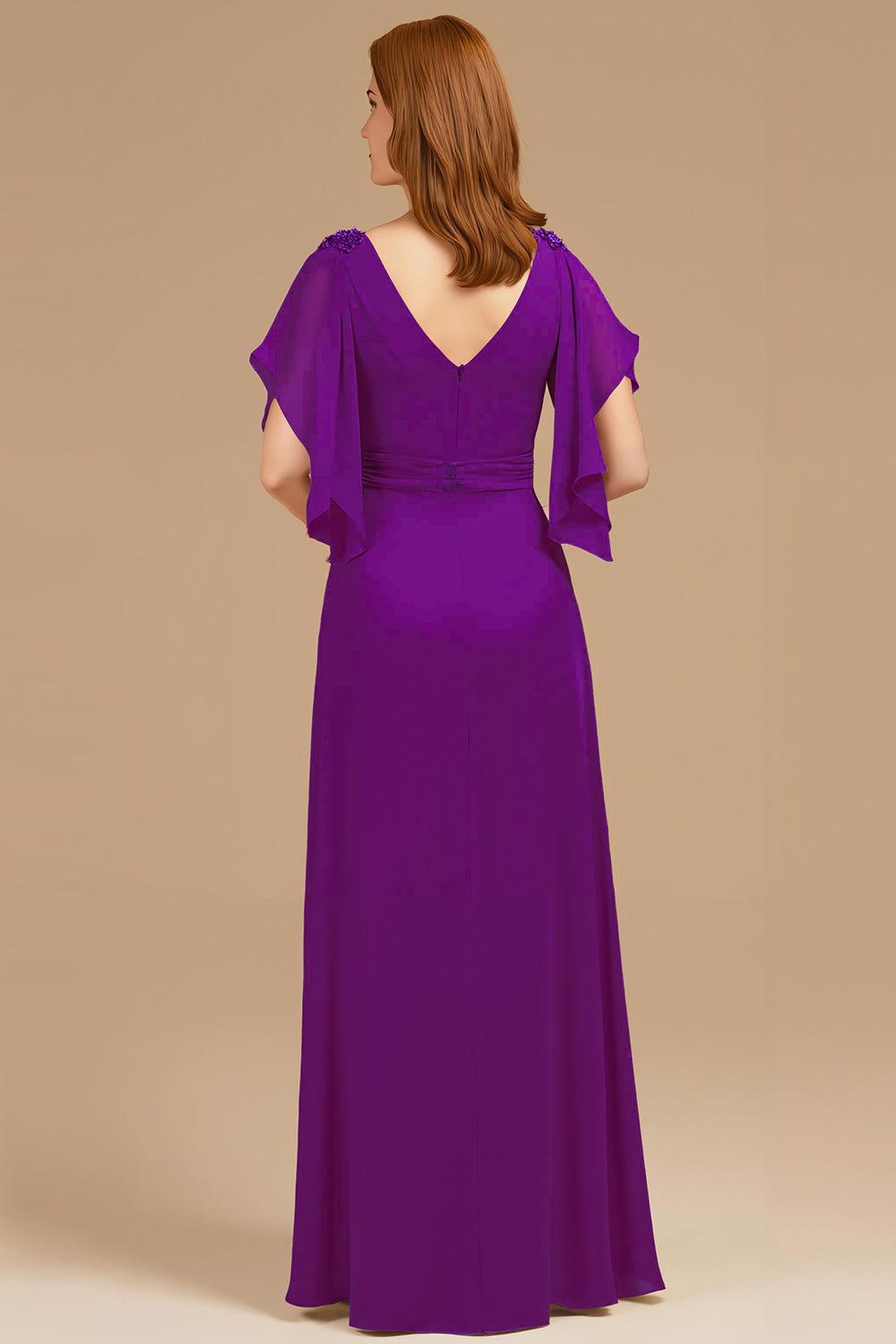Robe trapèze à col en V et col en V froncé à manches longues pour la mère de la mariée