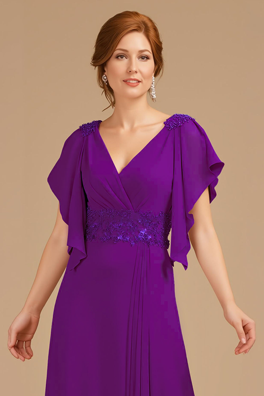 Robe trapèze à col en V et col en V froncé à manches longues pour la mère de la mariée