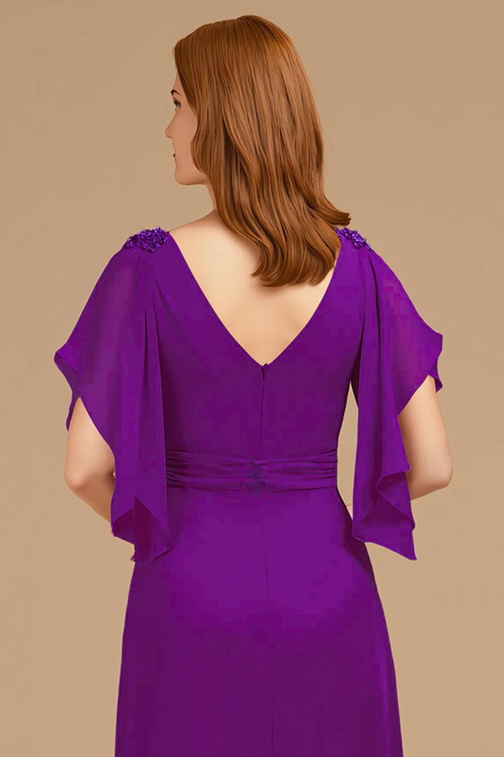 Robe trapèze à col en V et col en V froncé à manches longues pour la mère de la mariée