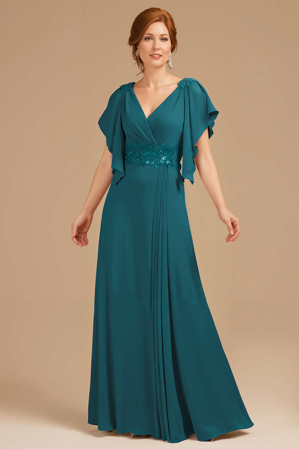 Robe trapèze à col en V et col en V froncé à manches longues pour la mère de la mariée