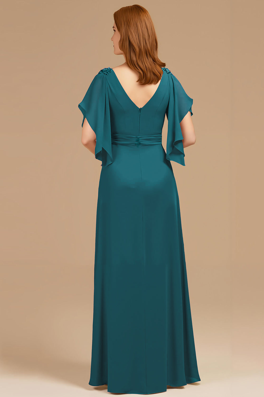 Robe trapèze à col en V et col en V froncé à manches longues pour la mère de la mariée