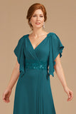 Robe trapèze à col en V et col en V froncé à manches longues pour la mère de la mariée