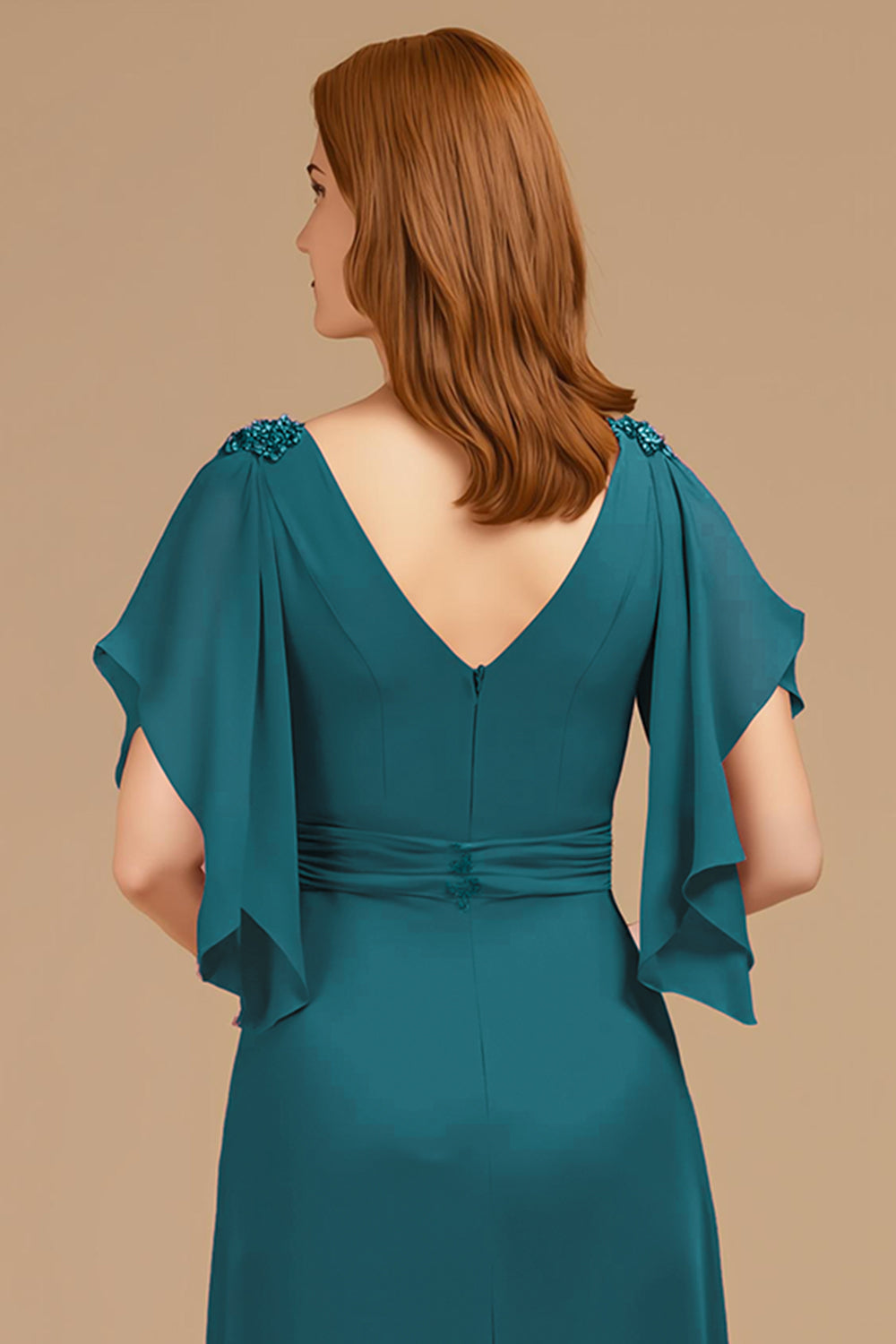 Robe trapèze à col en V et col en V froncé à manches longues pour la mère de la mariée
