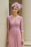 Dusty Rose A-ligne col en V 3/4 manches mère de la mariée robe avec appliques