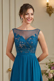Paon Bleu Trapèze Illusion Neck Longue Mère de la Mariée Robe avec Appliques de Dentelle