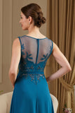 Paon Bleu Trapèze Illusion Neck Longue Mère de la Mariée Robe avec Appliques de Dentelle