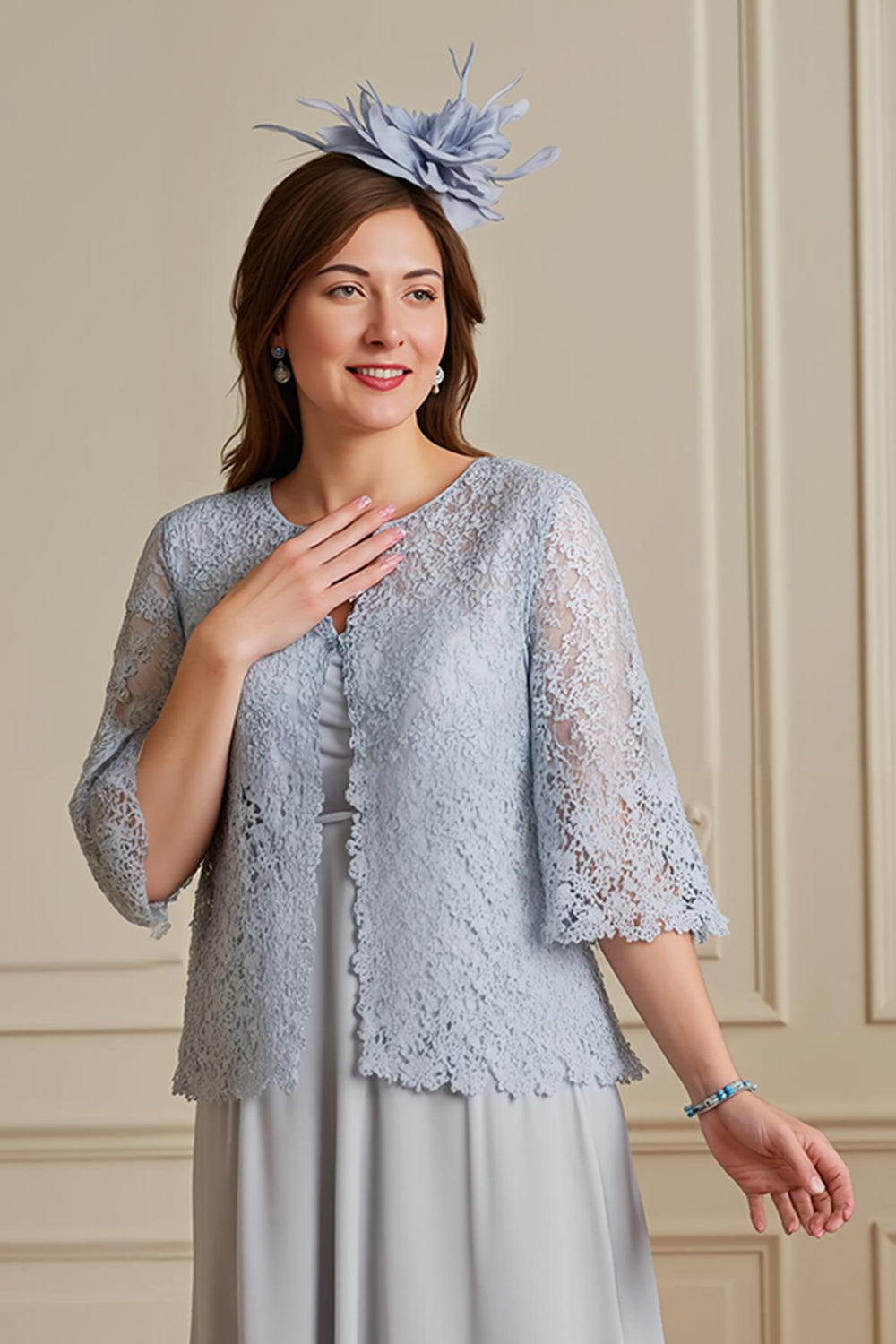 Argent A-ligne niveaux mousseline de soie dentelle manteau 2 pièces mère de la mariée robe