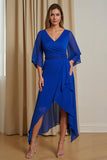 Trapèze bleu royal col en V 3/4 manches mousseline de soie Robe mère de la mariée avec volants