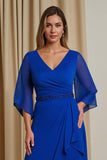 Trapèze bleu royal col en V 3/4 manches mousseline de soie Robe mère de la mariée avec volants