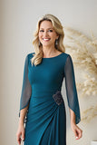 Paon bleu bateau col froncé manches bouffantes en mousseline de soie longue mère de la mariée robe avec perles